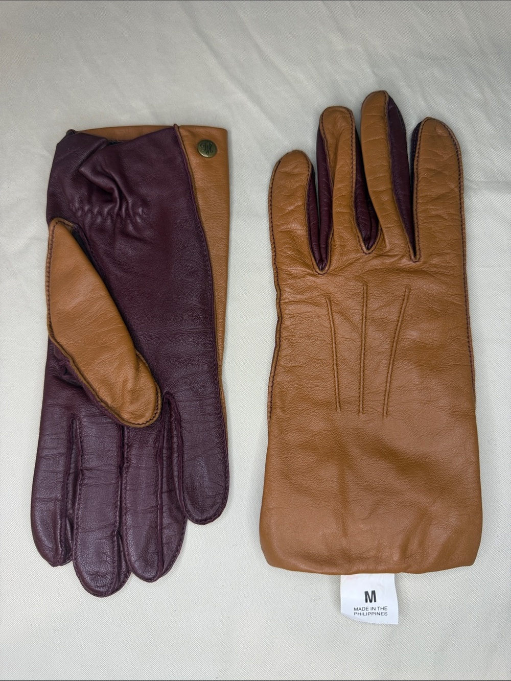 Women's Two-Tone Leather  Gloves - Brown & Burgundy